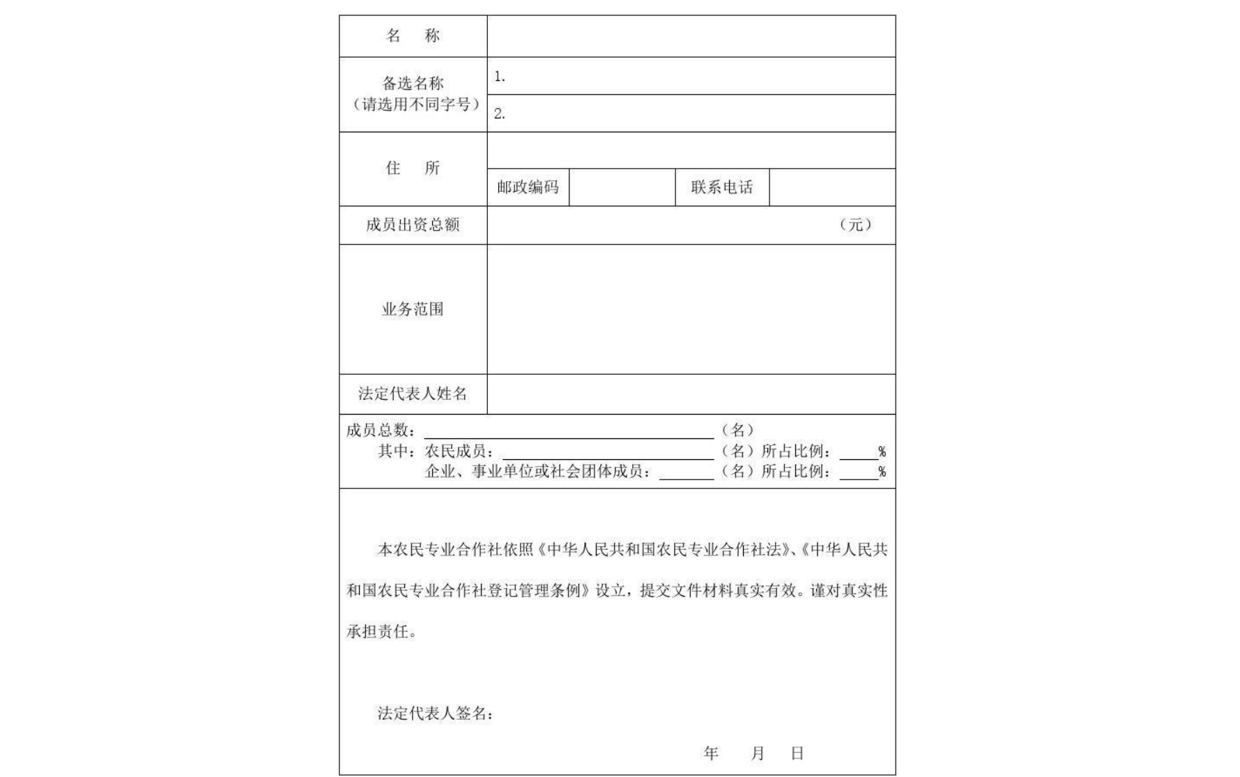 鄭州農民專(zhuān)業(yè)合作社設立登記表模板